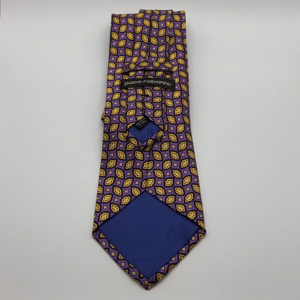 Paco Rabanne Silk Tie Made in Italy Purple Gold Geometric Medallion Designer Tie